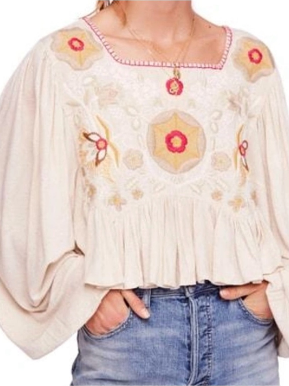 Free People Cream Peasant Blouse with Pink & Gold Embroidery